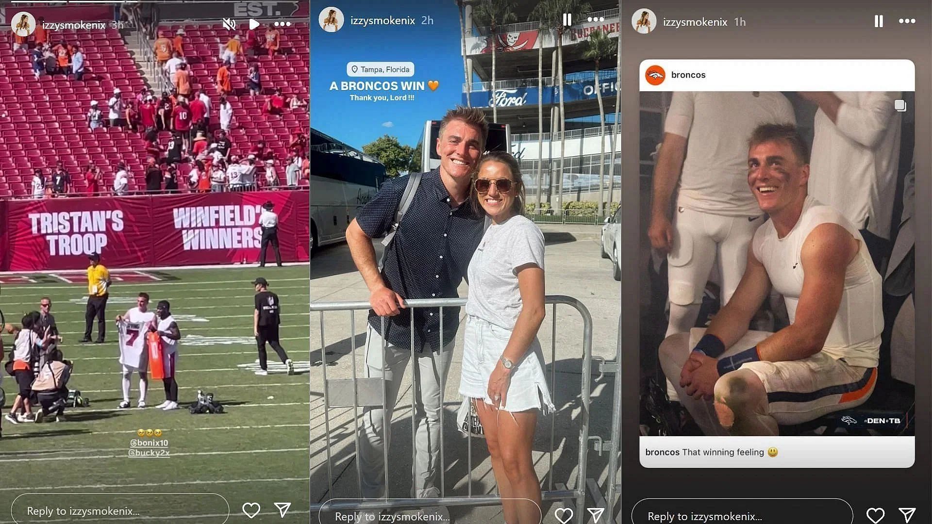 Bo Nix&#039;s wife Izzy celebrates QB&#039;s first NFL career win with the Denver Broncos [Image credit: @izzysmokenix IG]