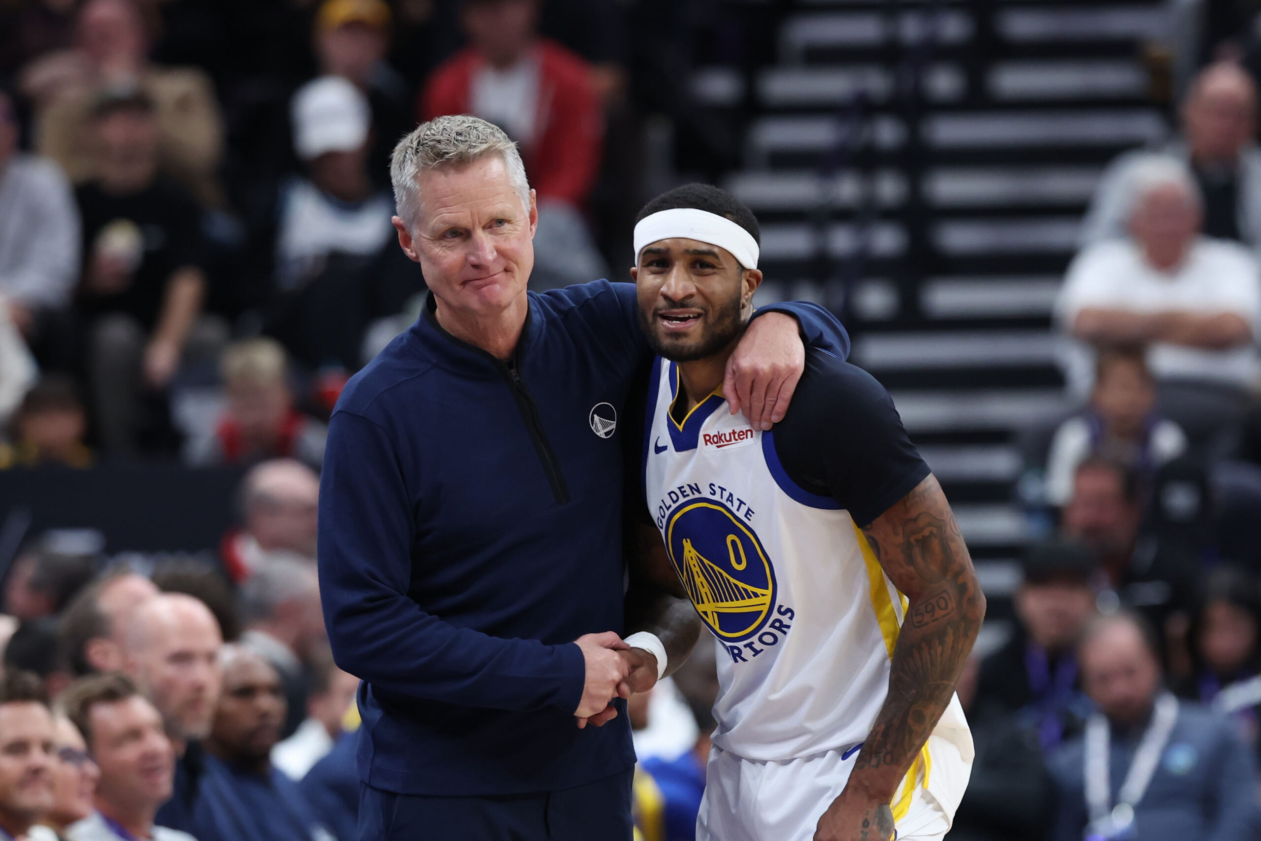 Golden State Warriors head coach Steve Kerr and Golden State Warriors guard Gary Payton II react to a foul against the Utah Jazz at Delta Center. Photo Credit: Imagn