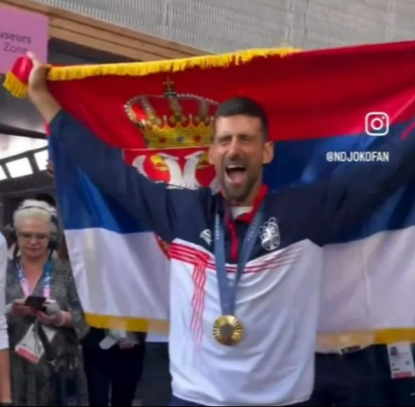 Djokovic was captured celebrating the victory with supporters outside of the court