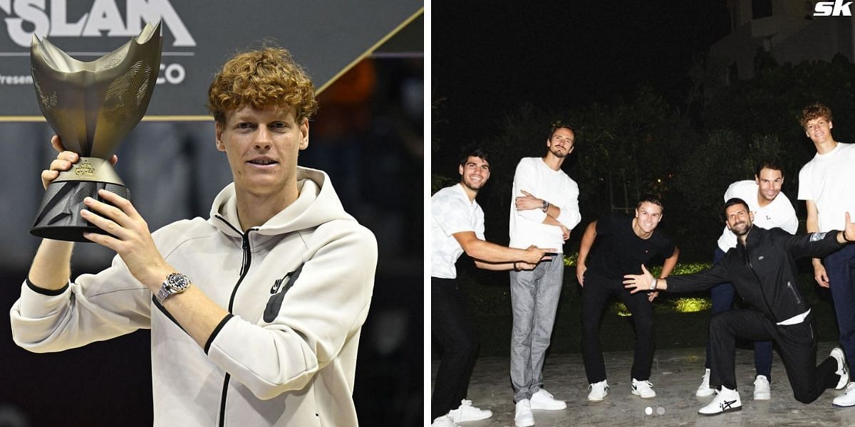 Jannik Sinner laid bare the hilarious story behind his Six Kings Slam trailer filming [Jannik Sinner (L), Source: Getty, Carlos Alcaraz, Daniil Medvedev, Holger Rune, Novak Djokovic, Rafael Nadal and Jannik Sinner (R), Source: Instagram/Novak Djokovic]