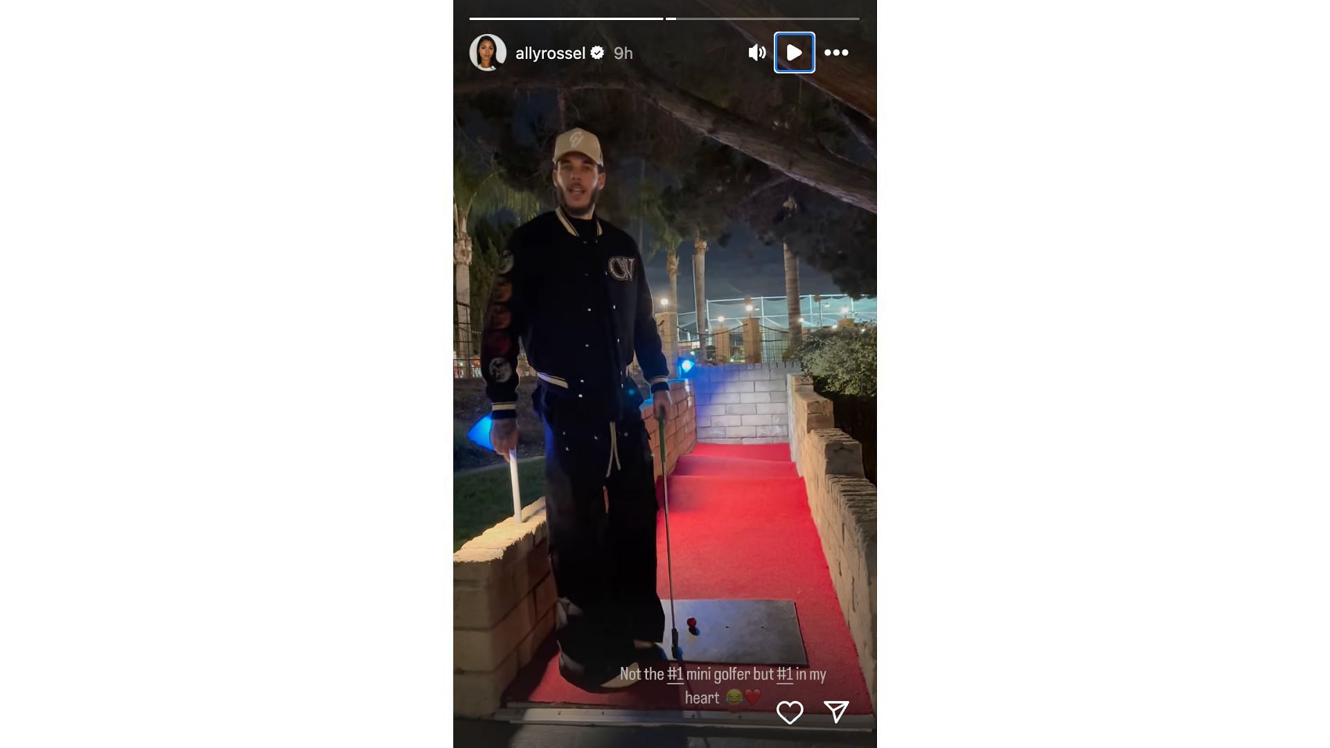 Lonzo Ball prepares to take a putt at a mini golf course. Photo Credit: Ally Rossel&#039;s IG account.