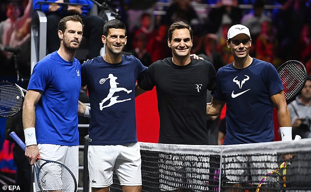 Of the 2000s-2020s greats, only the Serbian serial champion remains (pictured left to right Andy Murray, Djokovic, Roger Federer and Nadal in 2022)