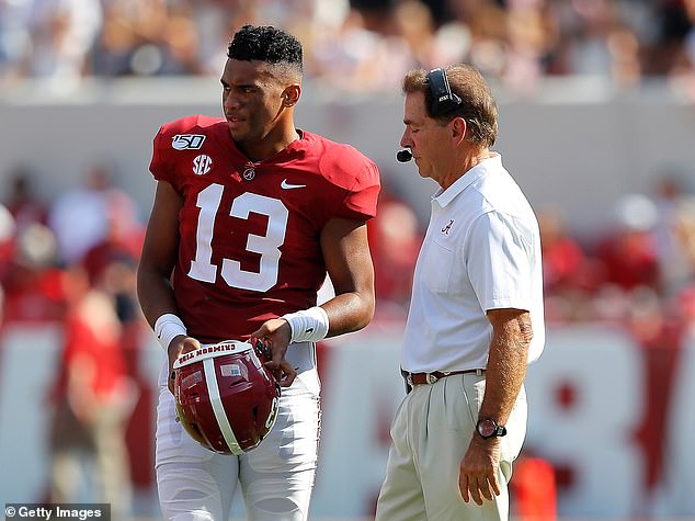 Nick Saban and Tua Tagovailoa are seen during an Alabama-New Mexico State game in 2019