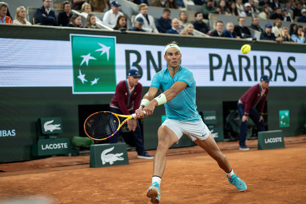 PARIS, FRANCE - MAY 27. Rafael Nadal of Spain in action against Alexander Zverev of Germany on Court Philippe-Chatrier during the first round of t...