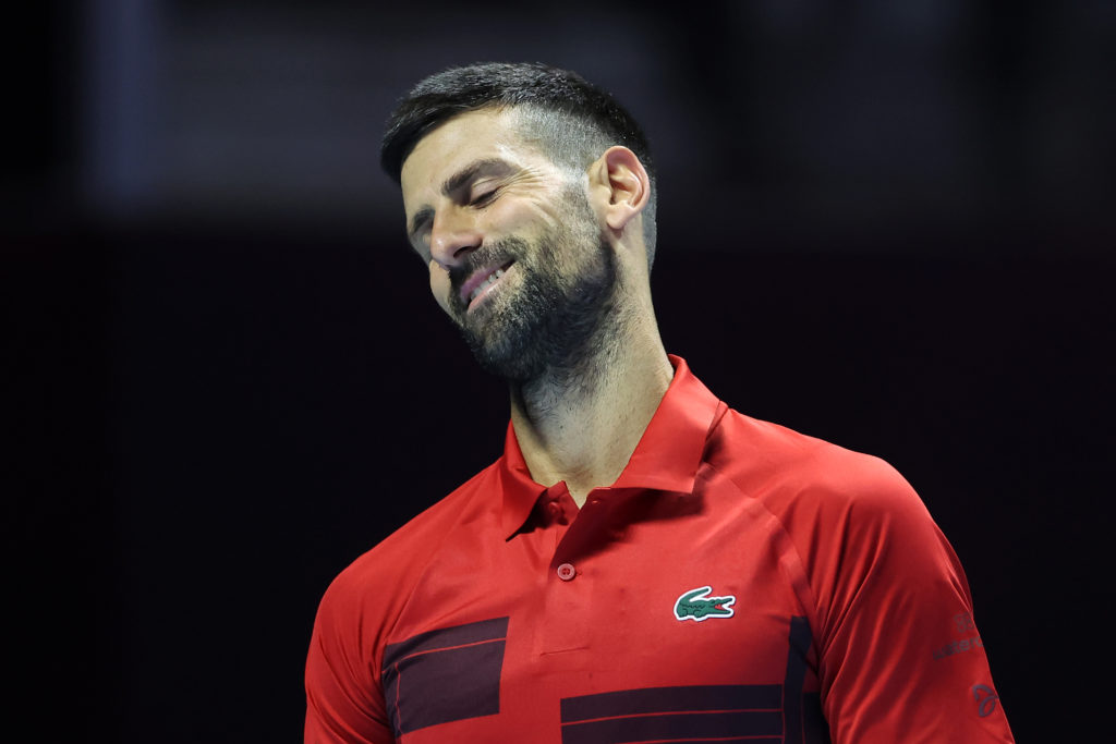 Novak Djokovic of Serbia reacts to a missed chance in his Semi Final match against Jannik Sinner of Italy during day two of the Six Kings Slam 2024...