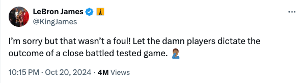 LeBron James' tweet about the controversial call.