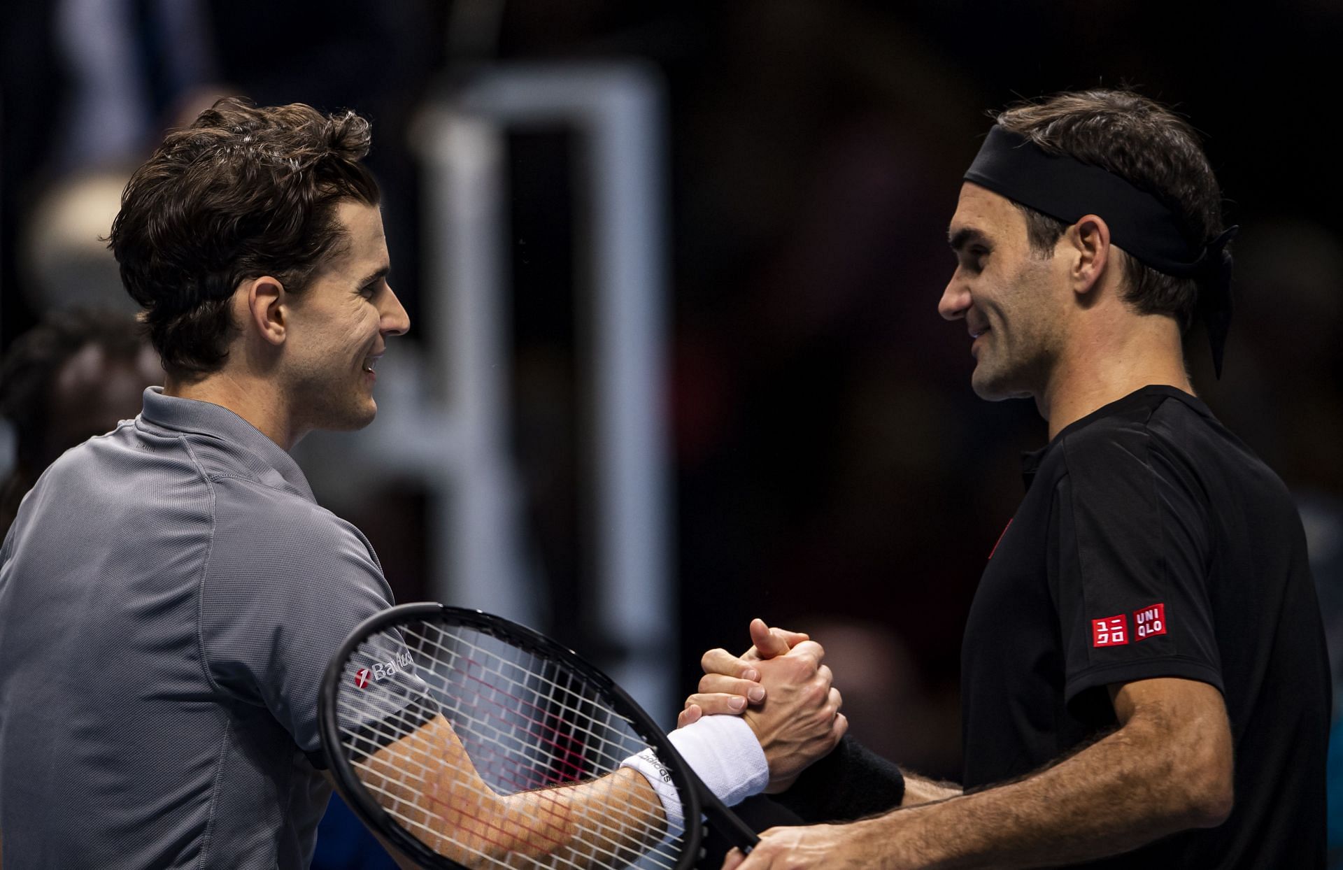 Dominic Thiem (L) and Roger Federer (R) at the 2019 Nitto ATP Finals (Source: Getty)