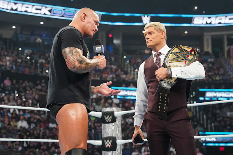 OKLAHOMA CITY, OKLAHOMA - SEPTEMBER 27: Randy Orton and Cody Rhodes speak during WWE SmackDown at Paycom Center on September 27, 2024 in Oklahoma City, Oklahoma. (Photo by WWE/Getty Images)