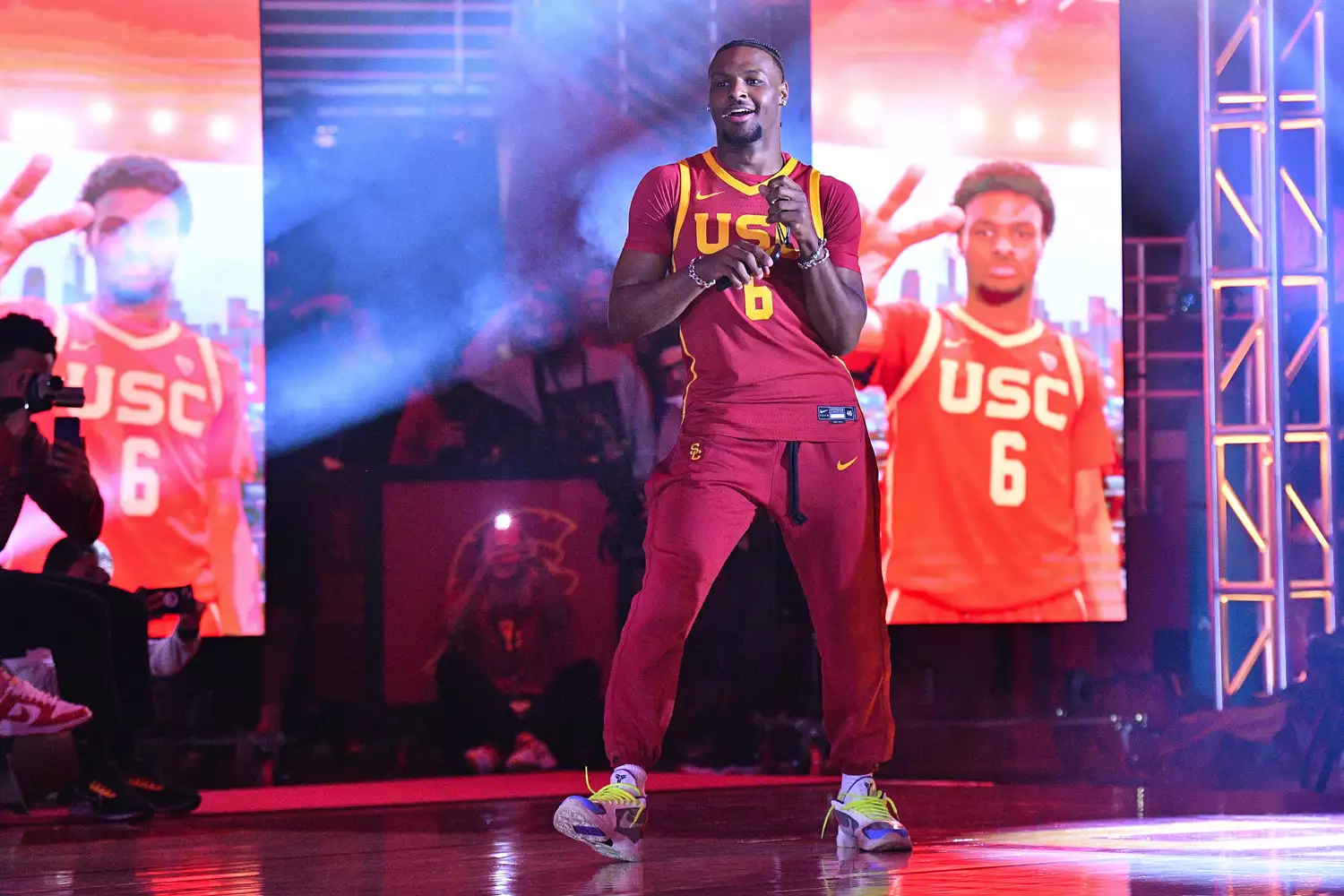 USC Trojans guard Bronny James (6) is introduced during Trojan HoopLA, a college basketball kickoff event featuring the USC Trojans, on October 19, 2023