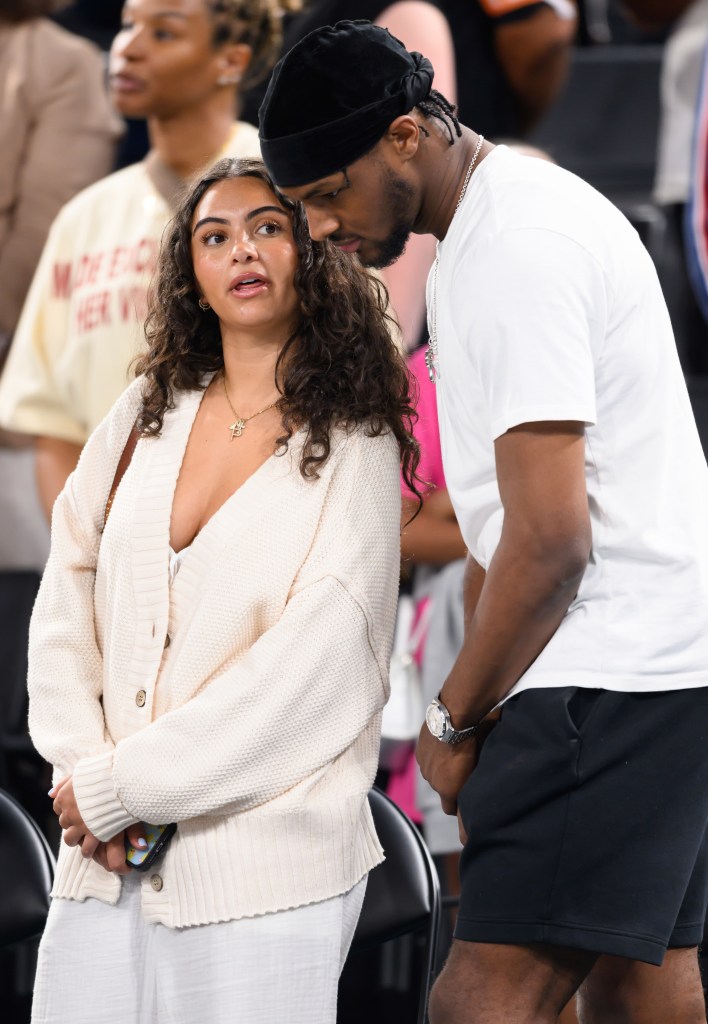 Bronny James (R) and Parker Whitfield attend the men's basketball semifinal match against Team Serbia at Bercy Arena on August 8, 2024 in Paris, France.