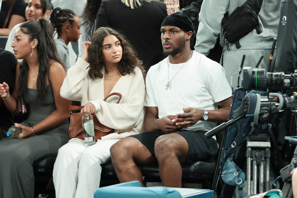 Bronny James and Parker Whitfield during the men's basketball semifinals game between Team USA and Team Serbia at Bercy Arena on August 8, 2024 in Paris, France.