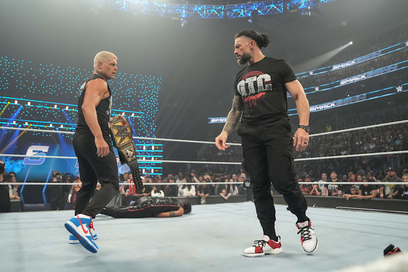 SEATTLE, WASHINGTON - SEPTEMBER 13: Cody Rhodes and Roman Reigns face off during SmackDown at Climate Pledge Arena on September 13, 2024 in Seattle, Washington. (Photo by WWE/Getty Images)