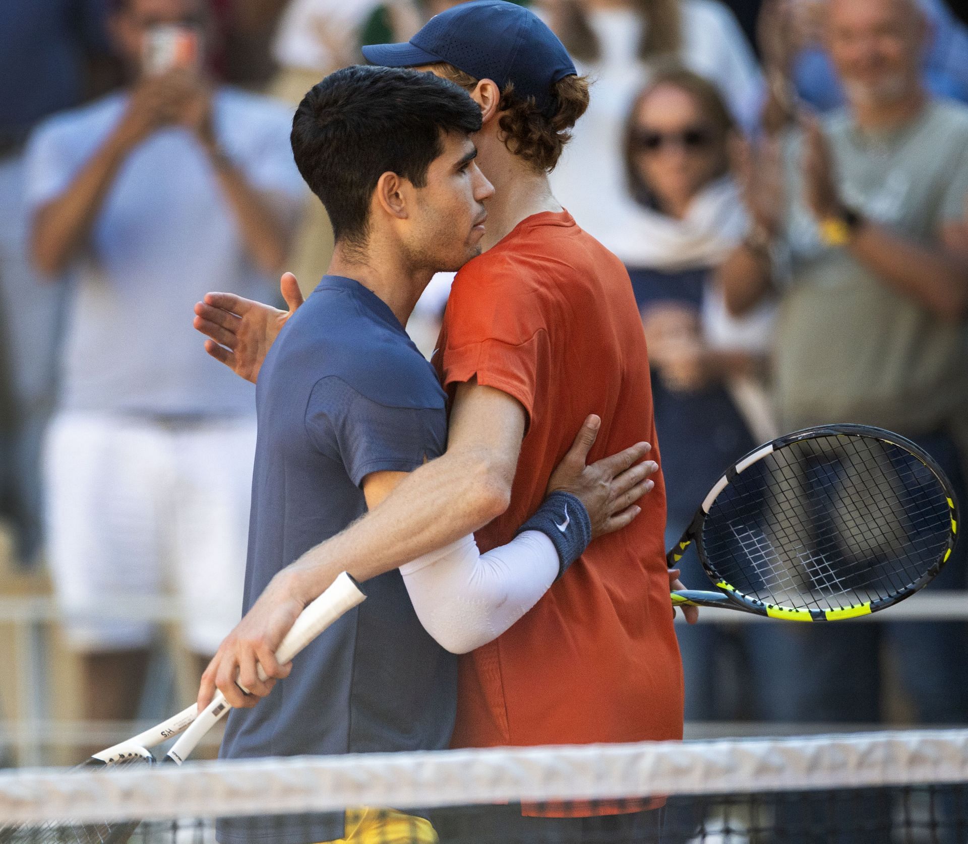 Carlos Alcaraz (L) and Jannik Sinner at the French Open 2024 (Image: Getty)