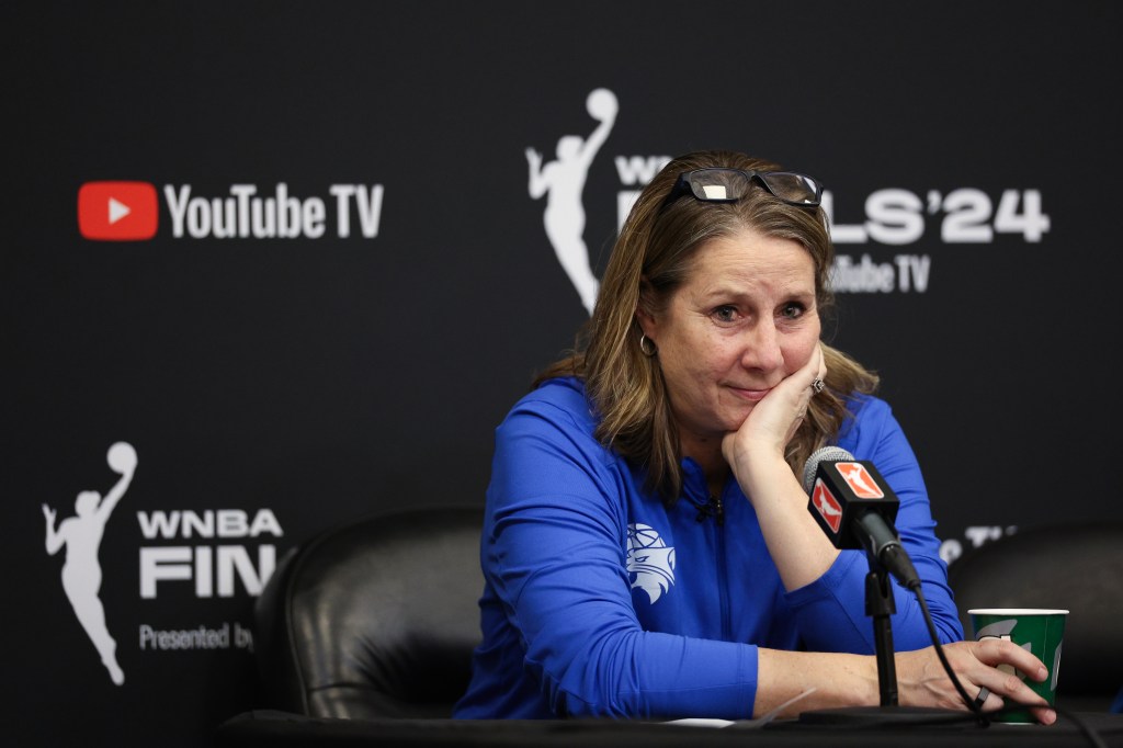 Head coach Cheryl Reeve of the Minnesota Lynx looks on during a press conference after losing Game 5 of the WNBA Finals to the New York Liberty at Barclays Center on October 20, 2024 in New York City.