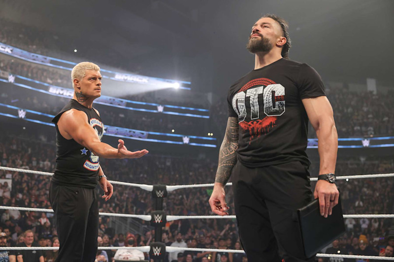 SEATTLE, WASHINGTON - SEPTEMBER 13: Cody Rhodes agrees to partner with Roman Reigns during SmackDown at Climate Pledge Arena on September 13, 2024 in Seattle, Washington. (Photo by WWE/Getty Images)