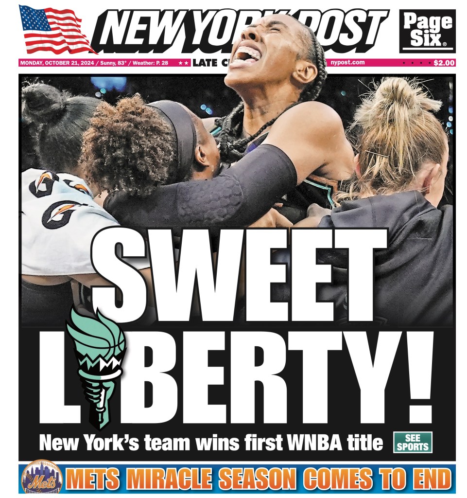 New York Post cover for Monday, October 21, 2024 after the Liberty won their first WNBA title.