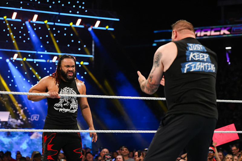 SACRAMENTO, CALIFORNIA - SEPTEMBER 20: Jacob Fatu and Kevin Owens face off during WWE SmackDown at Golden 1 Center on September 20, 2024 in Sacramento, California. (Photo by WWE/Getty Images)