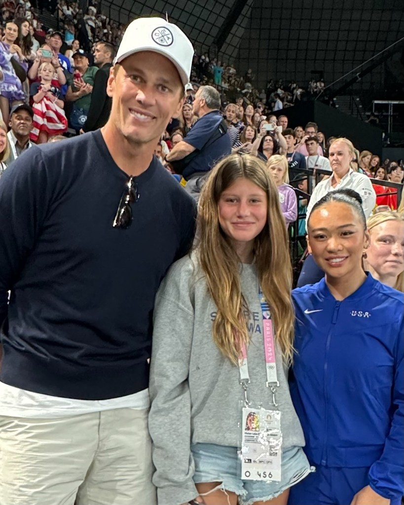 Tom Brady and Vivian pose with Sunisa Lee in Wednesday Instagram photo.