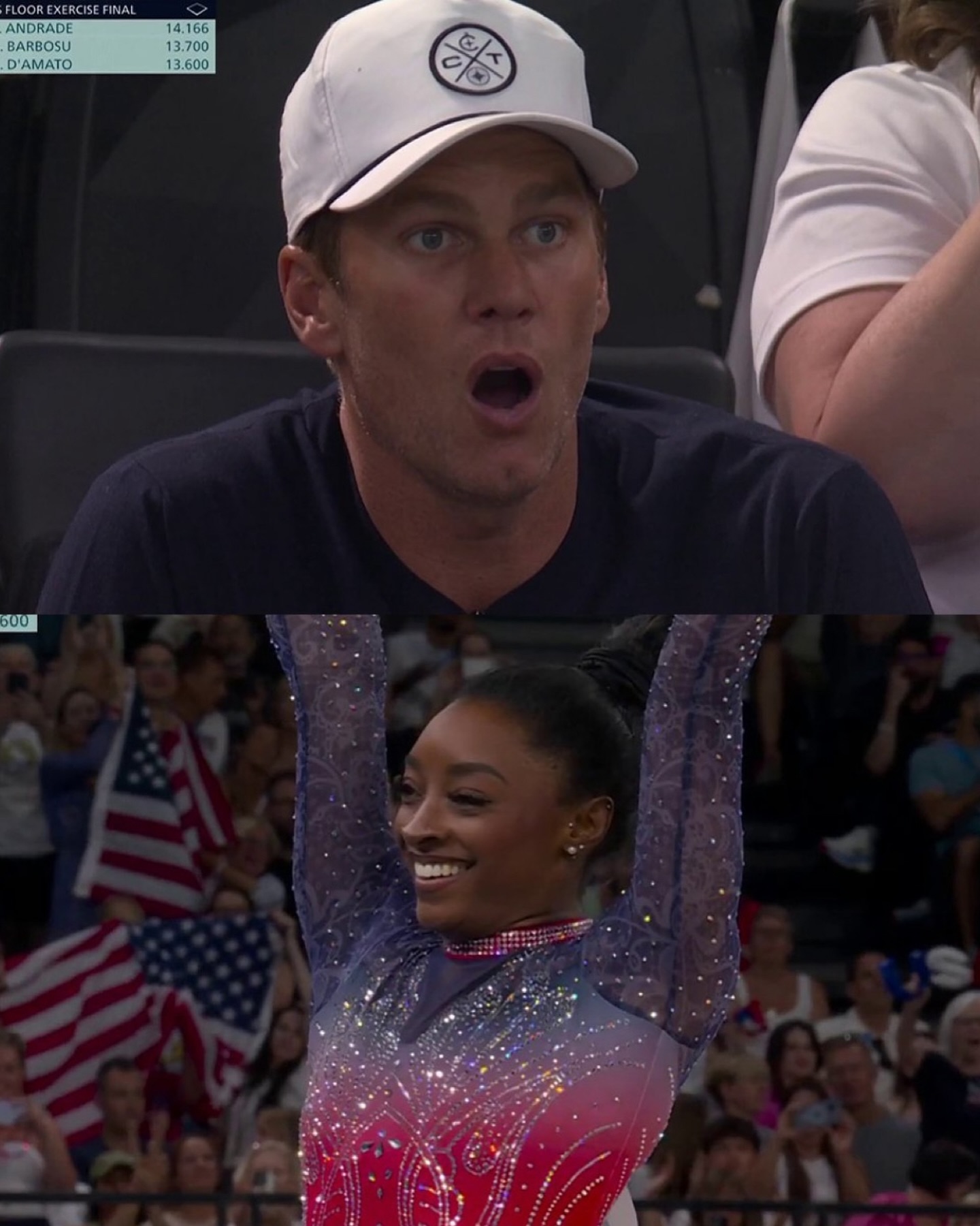 Tom Brady has shocked reaction to Simone Biles' routine in Thursday Instagram photo.