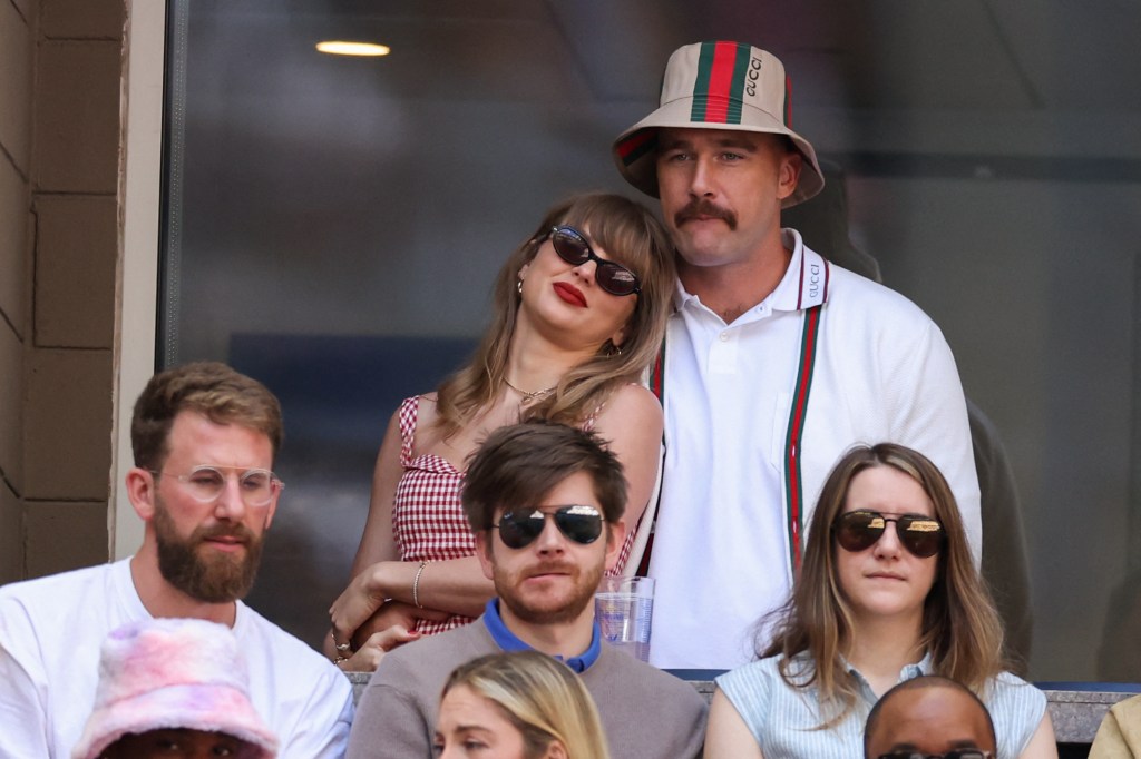 Taylor Swift and Travis Kelce attend the men's final match between Italy's Jannik Sinner and USA's Taylor Fritz on day fourteen of the US Open tennis tournament at the USTA Billie Jean King National Tennis Center in New York City.