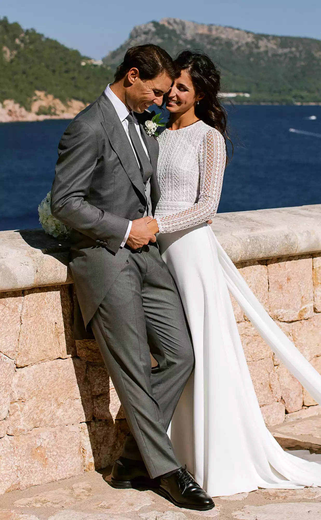 Rafa Nadal poses with wife Xisca Perello for the official wedding portraits after they were married on October 19, 2019 in Mallorca, Spain.