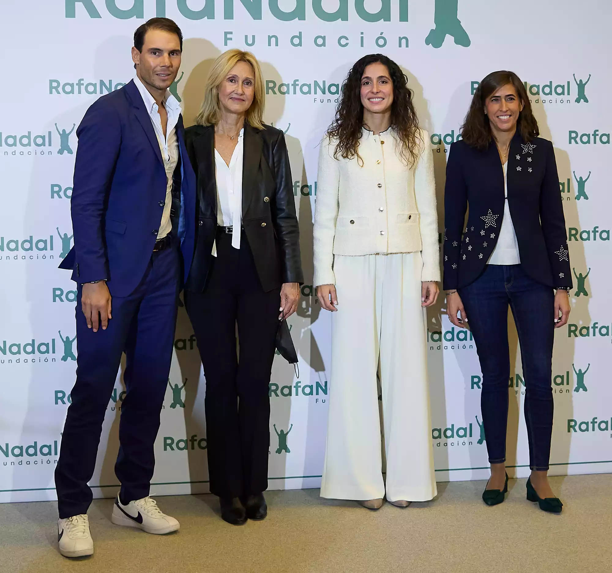 Rafa Nadal, his mother Ana Maria Parera, his wife Xisca Perello and Rafa Nadal Foundation director Eunate Gomez attend the 10th anniversary of Rafa Nadal Foundation at the Perez Llorca auditorium on November 17, 2021 in Madrid, Spain