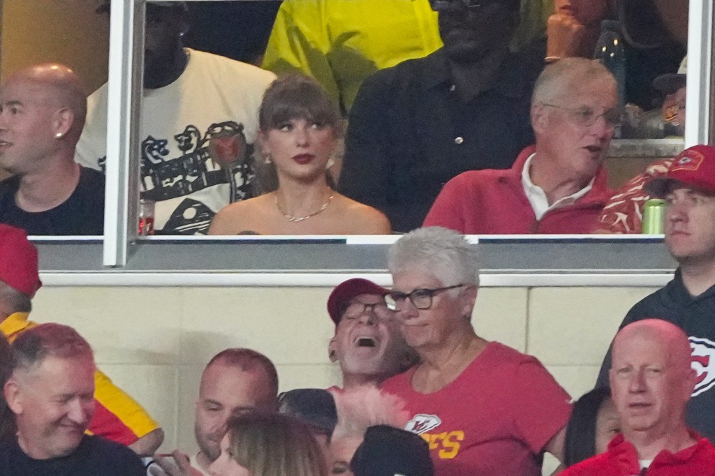 Taylor Swift watches play during the first half of the game between the Kansas City Chiefs and New Orleans Saints at GEHA Field at Arrowhead Stadium.