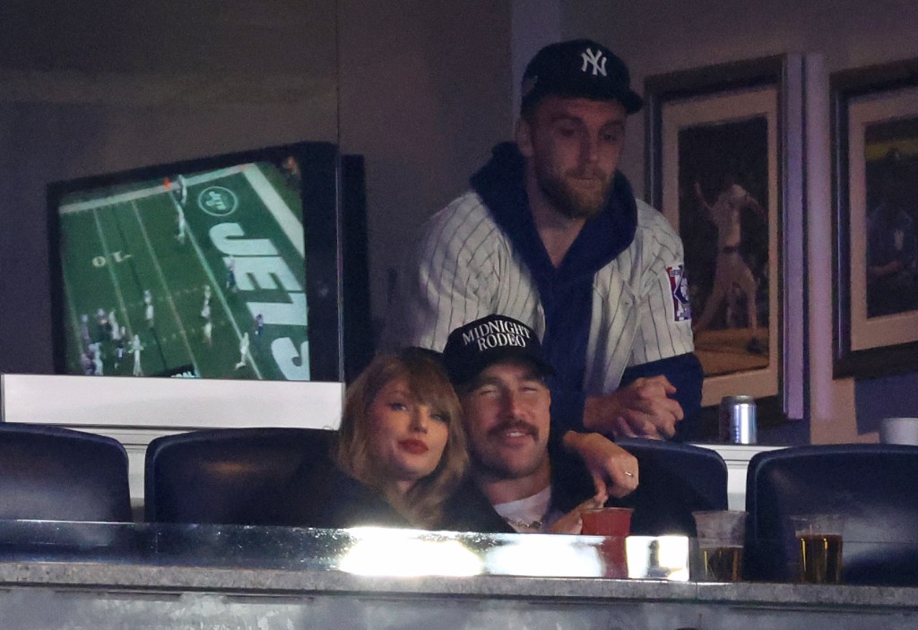 Travis Kelce and Taylor Swift watch game one of the MLB ALCS between the Cleveland Guardians and New York Yankees at Yankee Stadium in New York City on Monday, October 14, 2024.