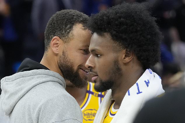 Golden State Warriors guard Stephen Curry, left, talks with Los Angeles Lakers guard Bronny James after an NBA preseason basketball game in San Francisco, Friday, Oct. 18, 2024. (AP Photo/Jeff Chiu)