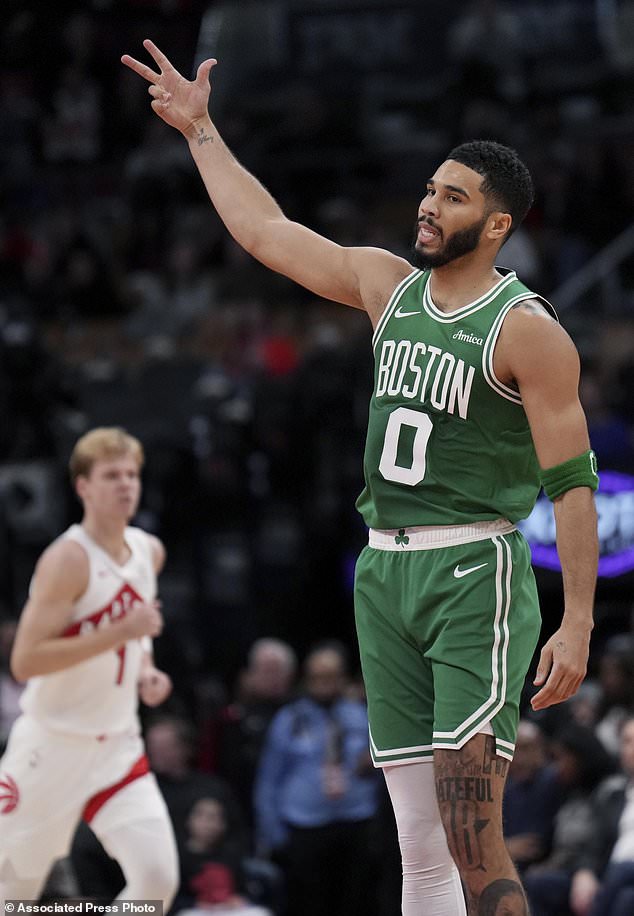 Boston Celtics forward Jayson Tatum (0) reacts to making a 3-point shot during the first half of an NBA preseason basketball game against the Toronto Raptors in Toronto on Tuesday, Oct. 15, 2024. (Nathan Denette/The Canadian Press via AP)