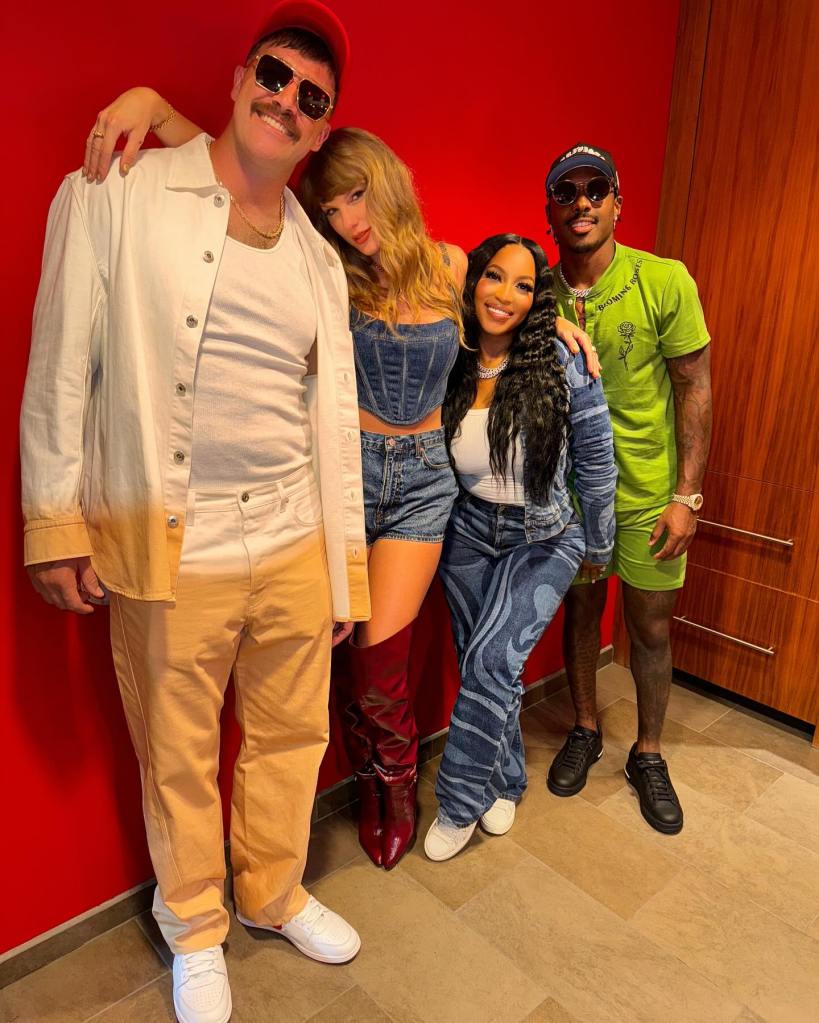 Travis Kelce and Taylor Swift with friends at a Chiefs game.